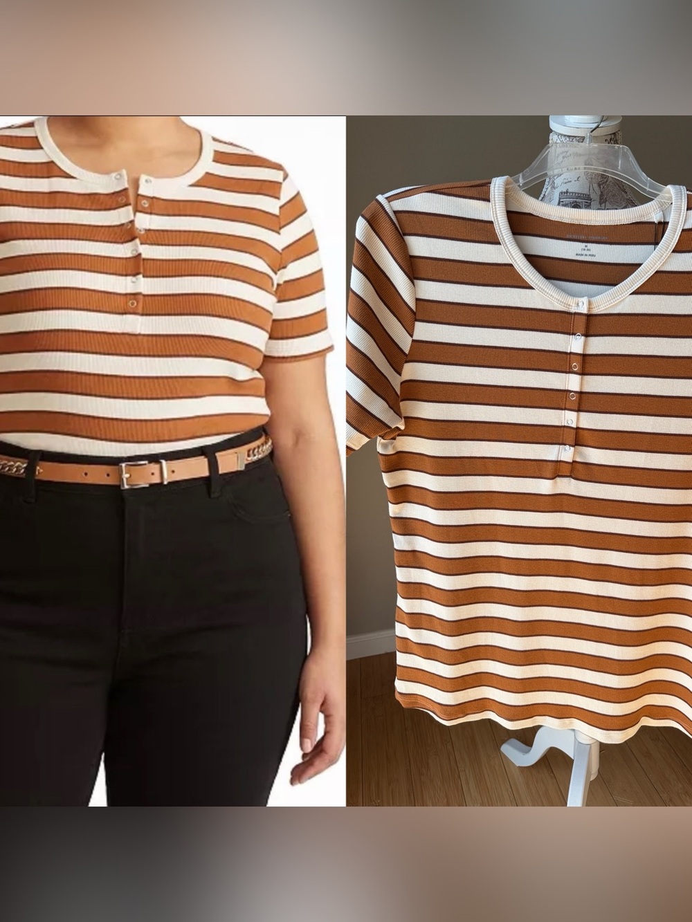 Universal Standard Plus Size Henley Short Sleeve Ribbed Tee Baker Street Stripe
